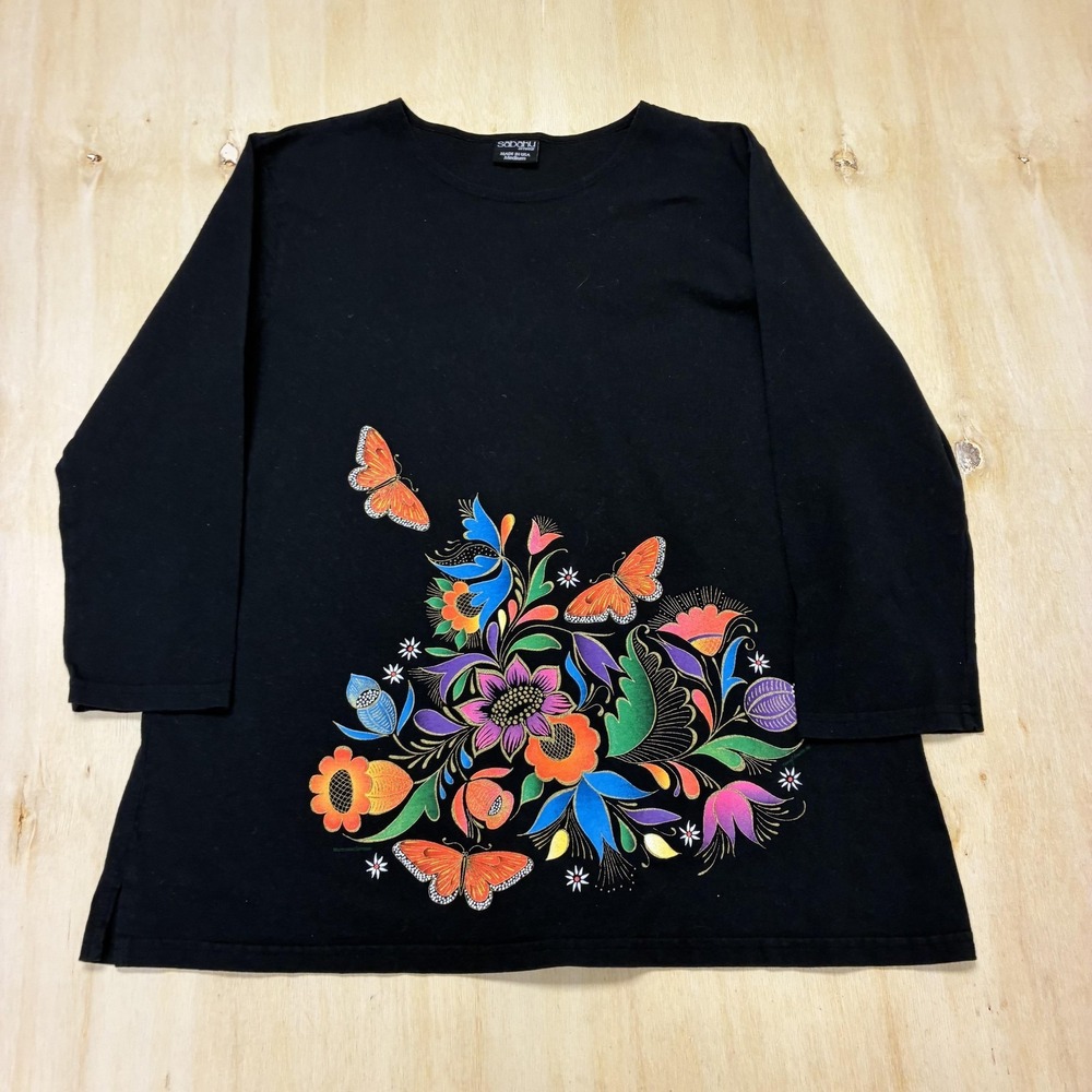 Sabaku Artwear Shirt Womens Medium Black Butterfly Floral Tunic Top 3/4 Sleeve